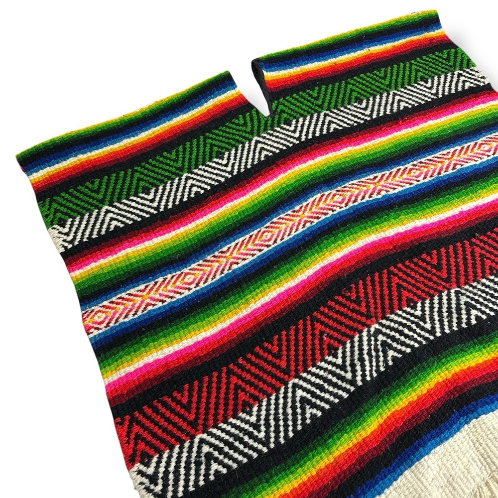 Vintage Mexican Serape Poncho Large Heavy  Textile Woven Wool 70x74‎ w/ Fringe - Picture 6 of 13